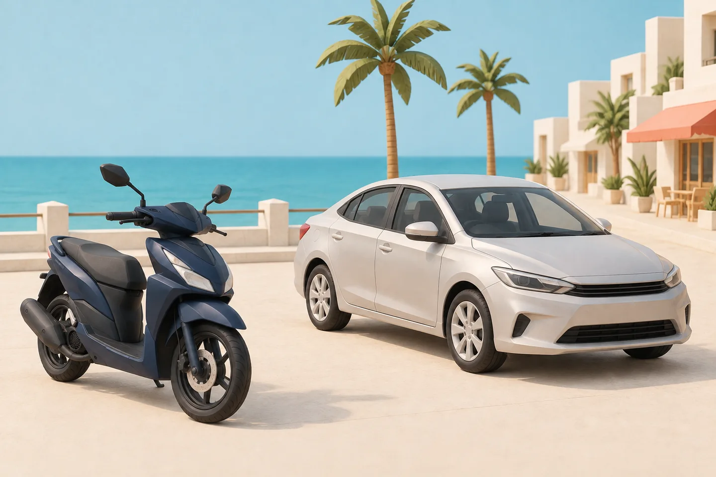 AI-generated illustration of a commuter scooter and compact sedan by a conceptual city coast; not provider vehicles